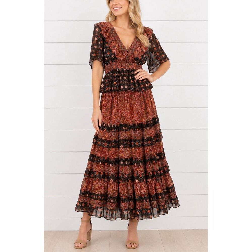 Misa Los Angelous Mia paisley ruffled tiered skirt and top set M